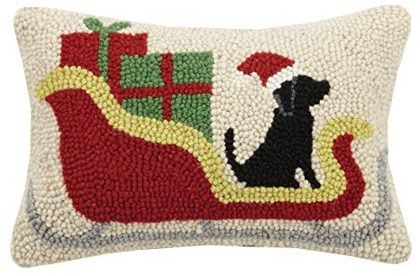 Peking Handicraft Christmas Sleigh Black Lab Dog Christmas Mini Hooked Wool Pillow - 8 x 12