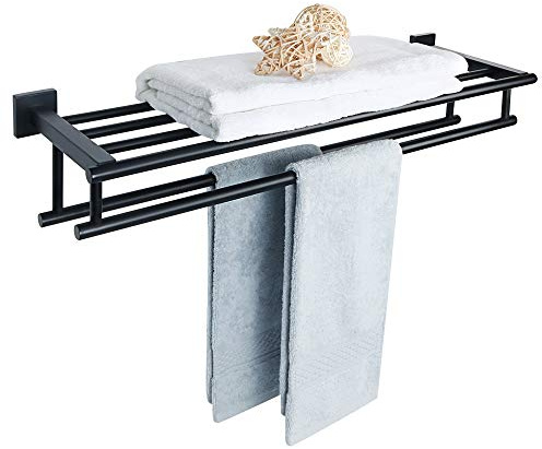 SAYAYO Double Barre Porte Serviette Mural de Salle de Bain, Support Serviette avec Étagère en Acier Inoxydable pour Cuisine Toilette, Longueur 70CM Noir Mat, EGZ8070-B