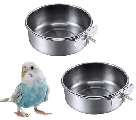 Kathson 2 Pack Bird Feeding Dish Cups, Stainless Steel bird bowls Parrot Feeders Water Cage Bowls with Clamp Holder Bird Feeders for Parakeet Cockatiels Conure Budgies Lovebird Finch and Small Animals
