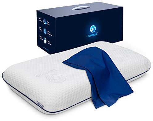 casimum Ergonomisches Visco Nackenstützkissen für Seitenschläfer & Rückenschläfer. Orthopädisches Nackenkissen Memory Foam. HWS Kopfkissen zur Entlastung der Halswirbelsäule, 70x40 cm, Blauer Bezug