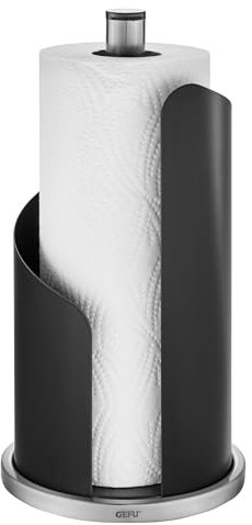 GEFU Küchenrollenhalter CURVE - Schwarz matter Edelstahl Halter mit Rutschfester Basis - Einhändiges Abreißen - Standfest & Stabil für Rollen bis 13cm - 30cm Höhe
