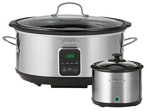 Kenmore Programmable 7 qt (6.6L) Slow Cooker with Dipper Sauce-Warmer, Black and Silver, Stainless Steel, Digital Display, One-Touch Controls, Braise, Simmer, Sous Vide, Stew, Soup, Chili, Curry