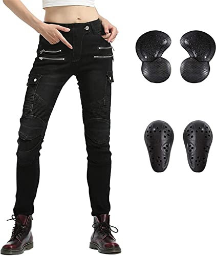 LINGKY Motorradhose Damen, Sportliche Motorrad Hose Mit Geradem Bein Schutzhose Motorradjeans mit abnehmbar CE Protektoren an Hüfte und Knie (Schwarz,S)