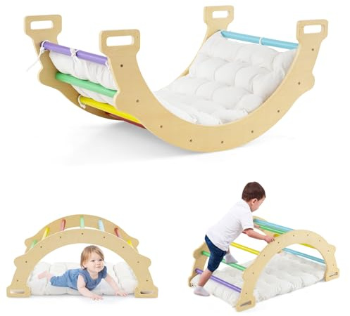 COSTWAY Arco da Arrampicata per Bambini, 2 in 1 Altalena ad Arco in Legno con Cuscino Morbido, Doppia Faccia, Ideale per Bambini 1+ Anni (Colorato)