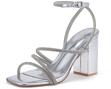 Zhabtuc Women's Strappy Chunky Heels Sandals, Ankle Strap 3 inch Mid Block Heels Lace up Square Open Toe Thick Heeled Sandals Shoes Silver Glitter 5.5 UK