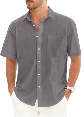 Hommes Chemises Manche Courte Chemise Lin Homme Solid Henley Shirts Été Col Mao Chemise de Plage Classique Regular Fit Chemises L'été