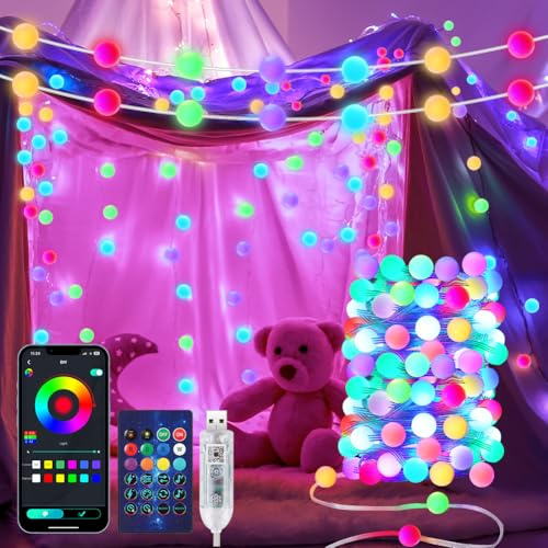 AUAUY Smart Globe String Lights, 10M 66 LED Utomhus/Inomhus String Lights, Färgbyte, USB-driven, med App, Halloween Party Dekoration, Jul | Inbyggt chip USB-driven, med APP Remote Music Sync, Smart Fairy Lights för sovrum halloween julfest dekor