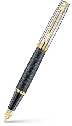 Sheaffer 300 Stylo plume | Corps noir mat gravé E9347 et capuchon chromé brillant avec bordures PVD dorées | Pointe moyenne | Stylo plume de qualité supérieure