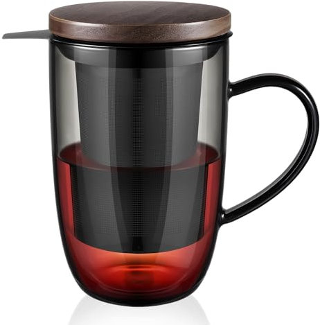ecooe Taza de té de cristal negro de 440 ml, de borosilicato, taza de té con filtro de acero inoxidable 18/8 ultrafino, tapa de bambú natural, espesada para café, zumo de bebidas carbonatadas, leche y