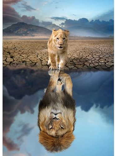 HUADADA Puzzle 1000 Teile-Puzzle 1000 Teile Erwachsene -Löwe im Spiegelbild Klassische Puzzles Geschenk