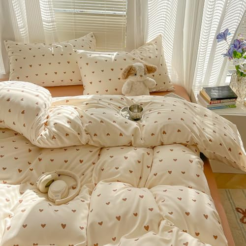 Covebett Housse de Couette 200x200 Beige Marron Clair Cœur d'amour Romantique Parure de Lit Adulte 2 Personnes Motif Coeur Microfibre Linge de lit avec Fermeture Éclair et 2 Taies d'oreiller 65x65cm