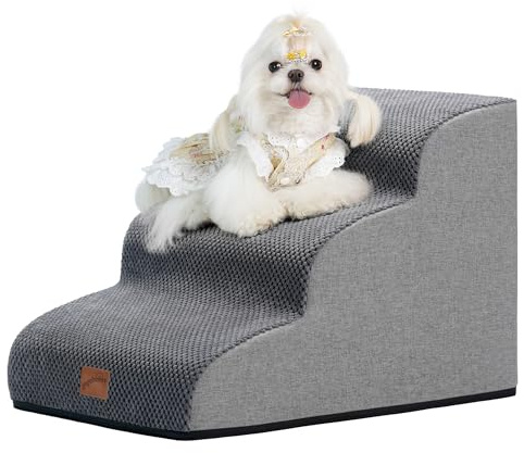 GoGoBunny Ramp Dog Stairs for Couch Sofa and Chair 15.7 H, 3-Step Pet Steps for Small Dogs and Cats, Non-Slip Waterproof Fabric Cover, Stable and Balanced Indoor Step, Pets Friendly, Grey