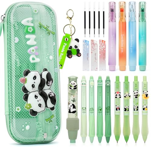 SKAMORI Set Scuola Cancelleria Aesthetic, Astuccio Panda con 20+ Forniture Scolastiche, 4 Evidenziatori | 4 Penne Gel | 4 Matita Meccanica, Regalo Bambina 7-12 anni Femmina, Panda