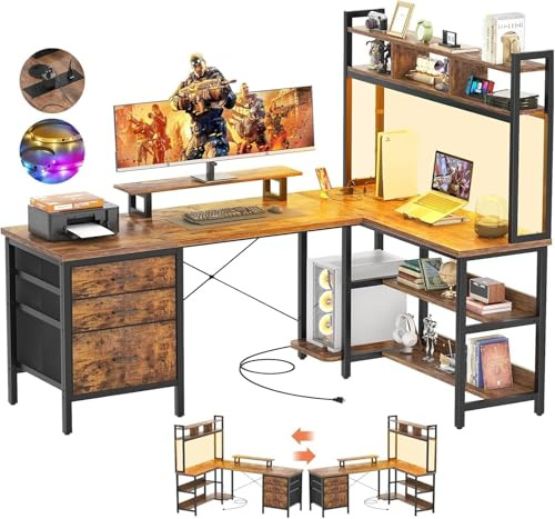 iSunirm Bureau en L avec clapier, Bureau de Jeu avec éclairage LED, Bureau d'ordinateur réversible avec Prise de Courant, Bureau d'angle avec tiroir classeur et Support d'écran, Marron