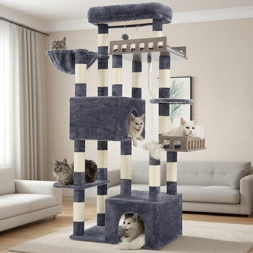 Gitelsnour rascador para Gatos Grandes, árbol para Gatos de 174 cm de Altura, con 2 Plataformas Colgantes Grandes, 2 Casitas para Gatos de Interior, 15 rascadores, Gris Ahumado GCT033G