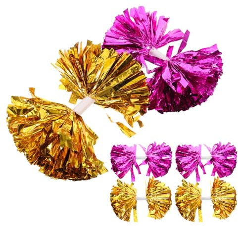 ADOCARN Pompones Metálicos para Animadoras 6 Piezas Mango Ergonómico Tamaño Mediano en Dorado y Rosa Fucsia, Accesorios Ligeros para Baile, Porristas y Animación Deportiva en