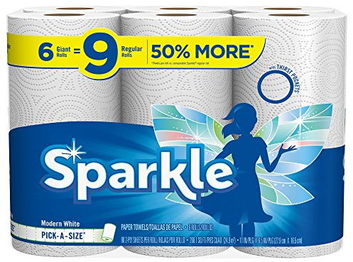 Sparkle Paper Towels, 6 Giant Rolls = 9 Regular Rolls, Pick-A-Size, White, 90 Sheets Per Roll