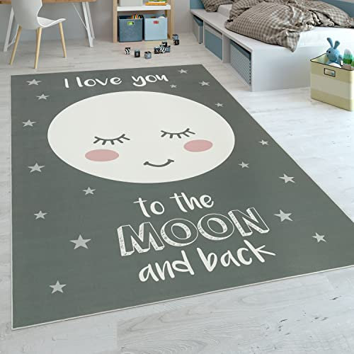 Paco Home Kinderteppich Kinderzimmer Mädchen Sterne Niedlicher Mond Spruch Grau, Grösse:140x200 cm