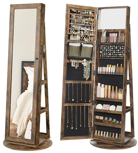 SONGMICS 360° Swivel Jewelry Cabinet, Lockable Jewelry Organizer with Full-Length Mirror, Rear Storage Shelves, Interior Mirror, Jewelry Armoire, Gift Idea, Rustic Brown UJJC006X01