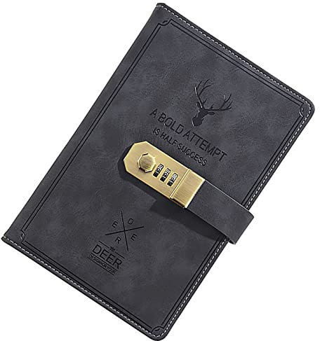 Notebook with Lock A5 Leather Diary with Code Lined Paper Journal Book with Calendar Pen Loop Card Pocket