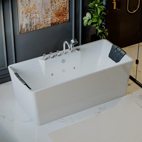 Empava 59 x 30 Freestanding Whirlpool Tub,560W Stand Alone Jetted Bathtub,ETL Certified,Center Drain,Acrylic, 60 Gallons, Rectangle Spacious for Big-Boned or Busty Sizes