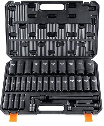 VEVOR 1/2 Zoll Steckschlüsselsatz CR-V-legierter Stahl 34-tlg Steckschlüssel Satz 8-36 mm Tiefe Stecknüsse Schlagschrauber, HRC 42-48 Steckschlüssel inkl Werkzeugkoffer, Metrisch Schraubenausdreher