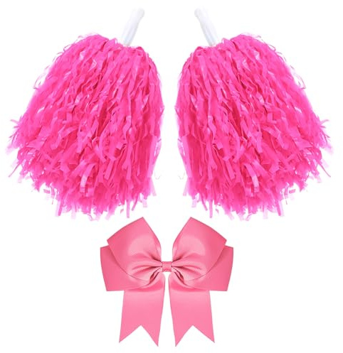 Hotop 3 Pcs 10 in Cheerleading Pom Poms and Large Cheerleader Hair Bow Cheer Pompoms Cheerleading Accessories for Sport Events Dance Party Basketball Football Team(Pink,Classic)