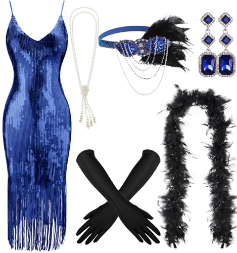 Tisancy 7 Pcs 1920s Women's Flapper Dress Sequin Dress Costume Headwear Earring Necklace Glove Stick Set and Long Feather Boa (Royal Blue,Small)