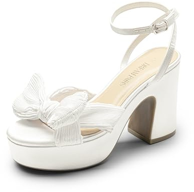 DREAM PAIRS Sandali da donna con tacco a plateau, pieghettati, nodo alla caviglia, cinturino alla caviglia, punta aperta, comodi, per matrimoni e feste, Raso bianco, 37 EU