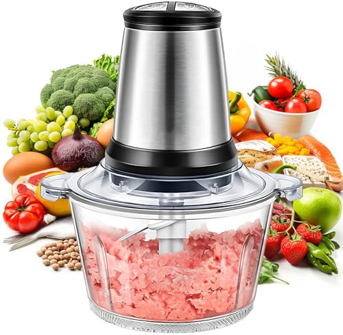 Tritatutto elettrico da cucina 500 W con contenitore in acciaio inox da 2 l e contenitore in vetro da 2 litri, 2 livelli di velocità, 4 coltelli in acciaio inox universale per carne, frutta, verdura
