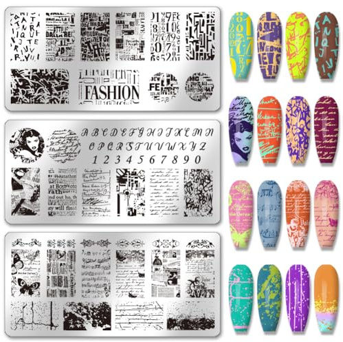 PH PandaHall 3pcs Graffiti Texture Nail Stamping Plates Number Alphabet Nails Art Stencils Vintage Styles Manicure Art Templates Letter Nail Image Plates for DIY Women Manicures Salon Design Tools
