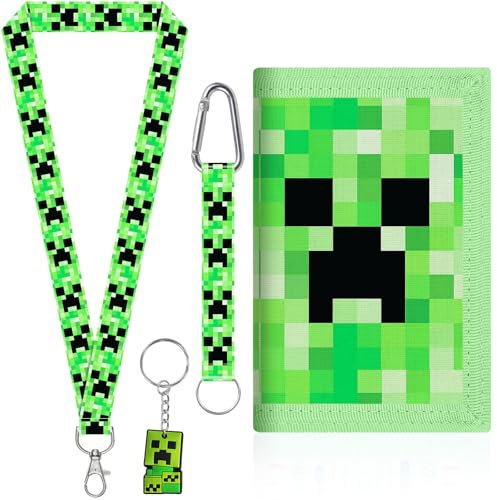 Videospiel Brustbeutel Kinder, Miner Spiel Kinder Dreifach Gefaltete Geldbörse, Portemonnaie mit Schlüsselband und Schlüsselanhänger für Kindergeburtstag Mitgebsel Deko, Gamer Theme Party Zubehör (B)