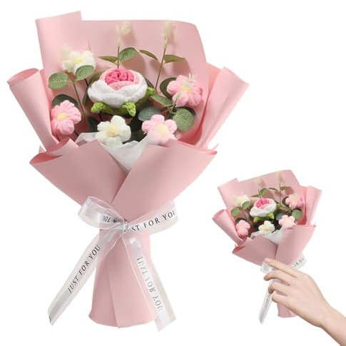 KQWVZ Bouquet di fiori all'uncinetto, realizzato a mano con rose, kit di fiori all'uncinetto con luci LED, per festa della mamma, compleanno, San Valentino, matrimonio, laurea, anniversario