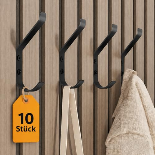 JOTOOL 10 Stück Haken für Akustikpaneele, Garderobenhaken Schwarz Edelstahl, Kleiderhaken zum Bohren-Schrauben für Wand, Garderobe, Jacken, Hut, Handtasche, Badezimmer, Flur, Schlafzimmer