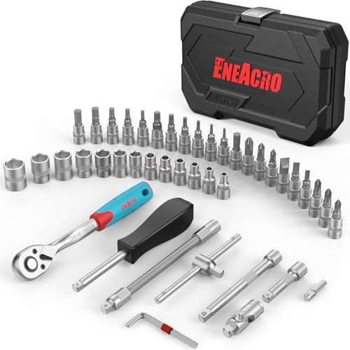 ENEACRO Steckschlüsselsatz 46-teilig Ratschenkasten, Werkzeugkoffer mit 1/4 Umschaltknarre, Stecknüsse，Verlängerungen, Bits, Chrom-Vanadium-Stahl, inkl. Koffer