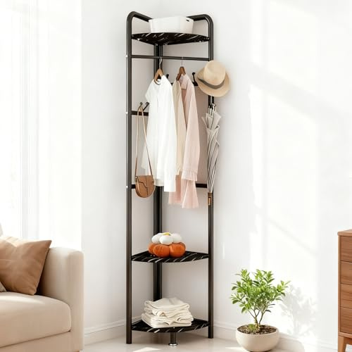 YUZINO Perchero de esquina de acero de carbono, soporte para abrigos para espacios pequeños con 3 estantes de MDF y 6 ganchos, armario de esquina independiente elevado de 170 cm para dormitorio