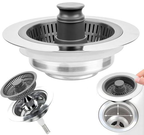 3 in 1 Piletta di scarico, Cestello Filtro per Lavello da Cucina, Filtro Lavandino Cucinas, tappo Scarico Lavandino in Acciaio Inox, Colino per Lavello Cucina,foro 71-85 mm, profondità > 40 mm