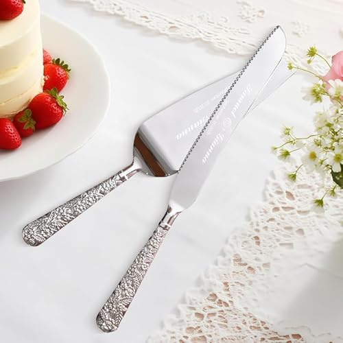 Mocessory Set da 2 coltelli e posate per torta nuziale, set da taglio per torta in argento, tagliapasta inciso ed elegante spatola da portata per compleanno, festa, anniversario