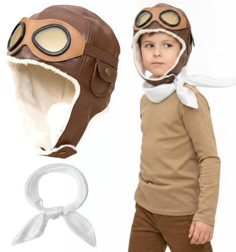 Pilot Costume Accessories Set, Brown Aviator Hat for Kids Boys Girls