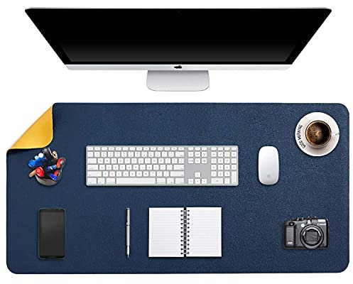 DOBAOJIA Tappetino per Mouse Grande, Mouse Pad XXL, Sottomano da Ufficio, Laptop Tappetino, Tappetino Scrivania, Tappetino Scrittura, Uso Doppio Lato Simipelle PU Impermeabile 90x43cm Blu Navy/Giallo