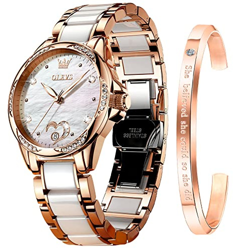 OLEVS Orologio da donna automatico a carica automatica meccanico orologio da polso da donna grande quadrante bicolore in acciaio inossidabile braccialetto in ceramica cuore diamante moda lusso