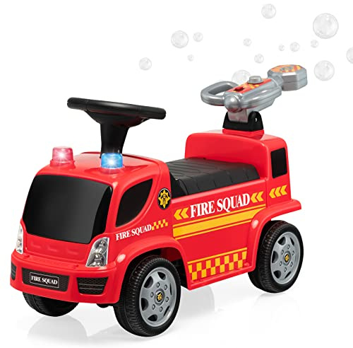 COSTWAY Camion de Pompiers à Pousser pour Enfants, Voiture à Pousser pour Tout-Petit Qui Fait des Bulles, Musique, Phares, Sirène Klaxon, 18-36 Mois, Rouge……