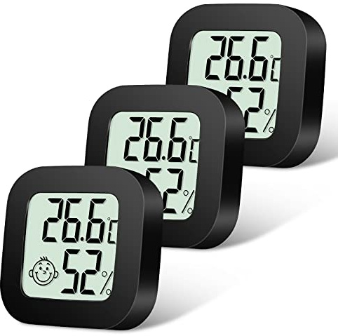 Flintronic Higrometro Digital Termometro, 3Pieza Mini Termómetro interior del higrómetro, Pantalla LED con Logo de Confort para Termometro Ambiental para Oficina Habitación de Bebé Jardín (Negro)