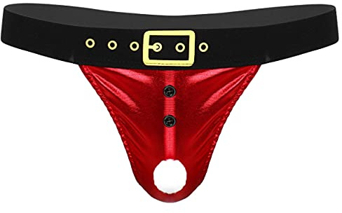 Mufeng Mini String Homme Sexy Ficelle Ouvert Costume Noël Slip Père Noël sous-vêtement T-Back Cadeau Noël Lingerie Erotique Gay Underwear M-3XL Rouge L