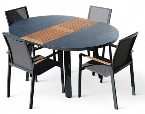 ALEOS. Gartengarnitur Gartenset Aluminium Teak Set mit rundem Ausziehtisch 120cm auf 160cm ausziehbar + 4 Stapelstühle anthrazit Trinidad