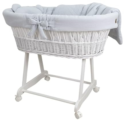 WIKLINOPOL Baby Stubenwagen – Komplettset mit Moseskorb, Matratze & Bettwäsche aus 100% Baumwolle in Hellgrau – sicherer Schlafplatz mit Rollen & Bremse – Modell Amelia