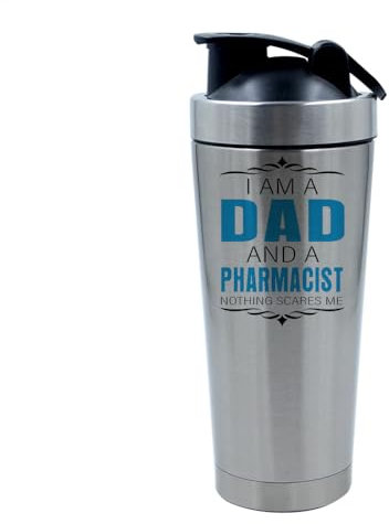 I Am a Dad And a Pharmacist, Gift For Fathers Day, 500ml Aluminium Shaker Bottle for Supplement Shakes - Easy Clean, Durable Cup. (Silver)