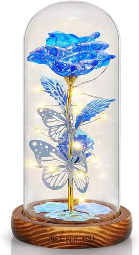 REWIAR Rose Eternelle sous Cloche Cadeau Femme - Rose eternelle avec Lumière LED - Saint Valentin Rose Galaxie de Lumineuses pour Elle, Fête des mères, Noël et Un Anniversaire (Bleu/Bois)