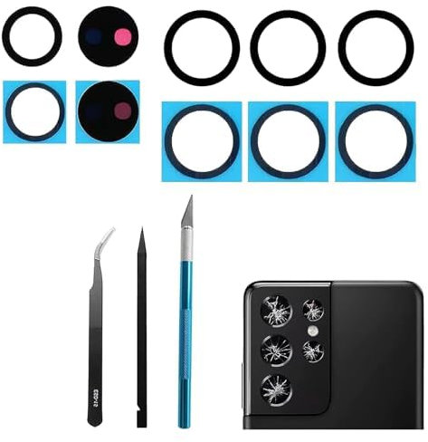 Lente di Ricambio per Obiettivo Fotocamera Posteriore per Samsung Galaxy S21 Ultra con Adesivo preinstallato e Kit di Strumenti di Riparazione, AntiGraffio e Impermeabile