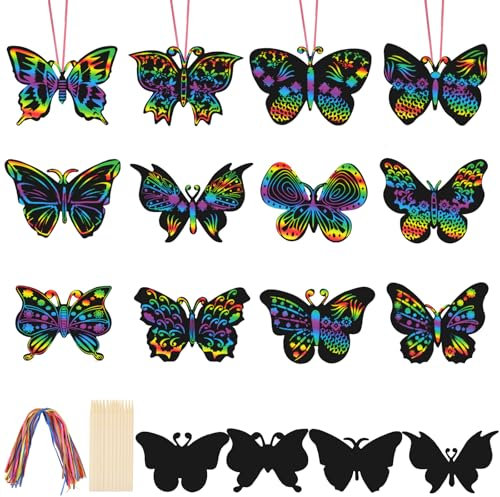 Kratzbilder für Kinder, 36 Blätter Schmetterling Kratzpapier Regenbogen mit Holzstifte, Bändern, Scratch Art Bastelset für Mädchen Junge Kindergeburtstag Party DIY Handwerk